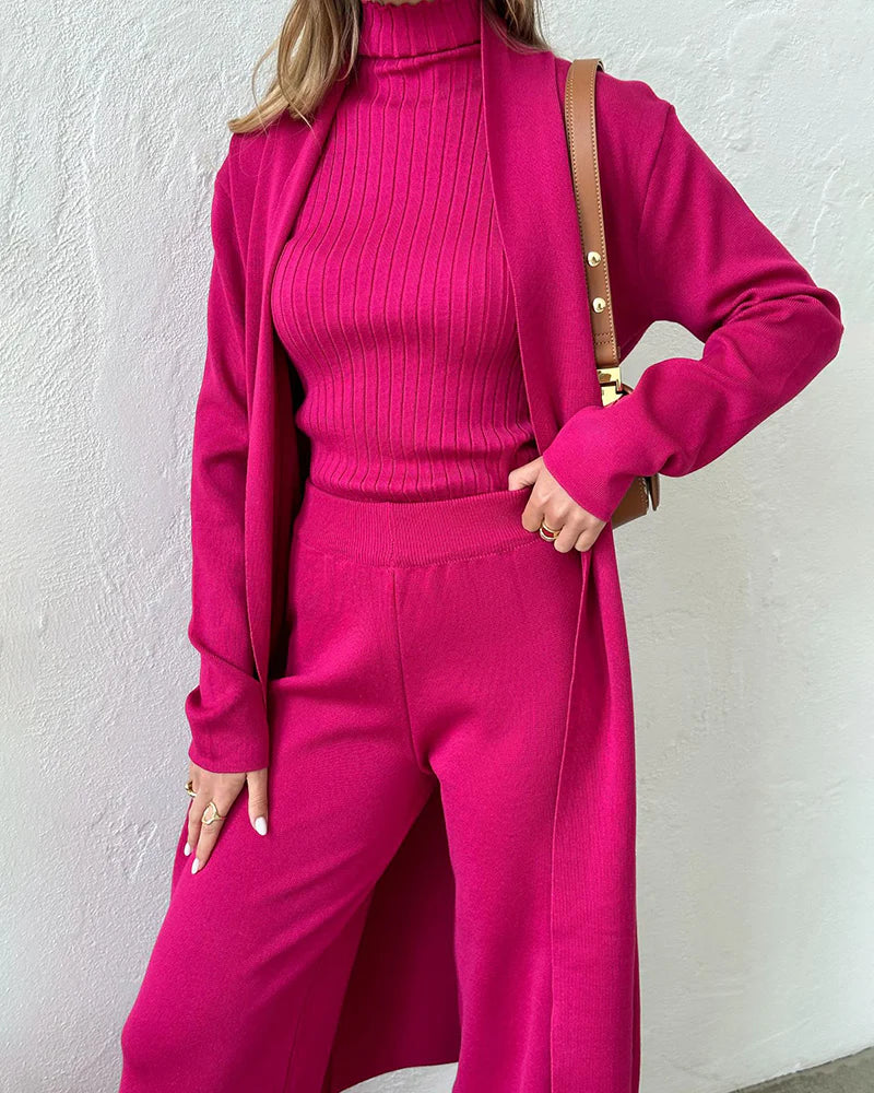 Ensemble Trois Pièces avec Top, Pantalon et Long Manteau pour Femmes | Idéal pour le Travail et les Occasions Formelles