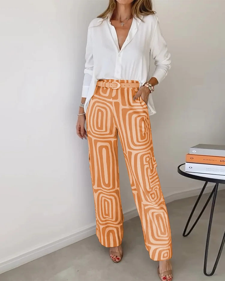 Pantalon Imprimé à Taille Haute avec Ceinture Intégrée pour Femme | Idéal pour Tenues de Bureau