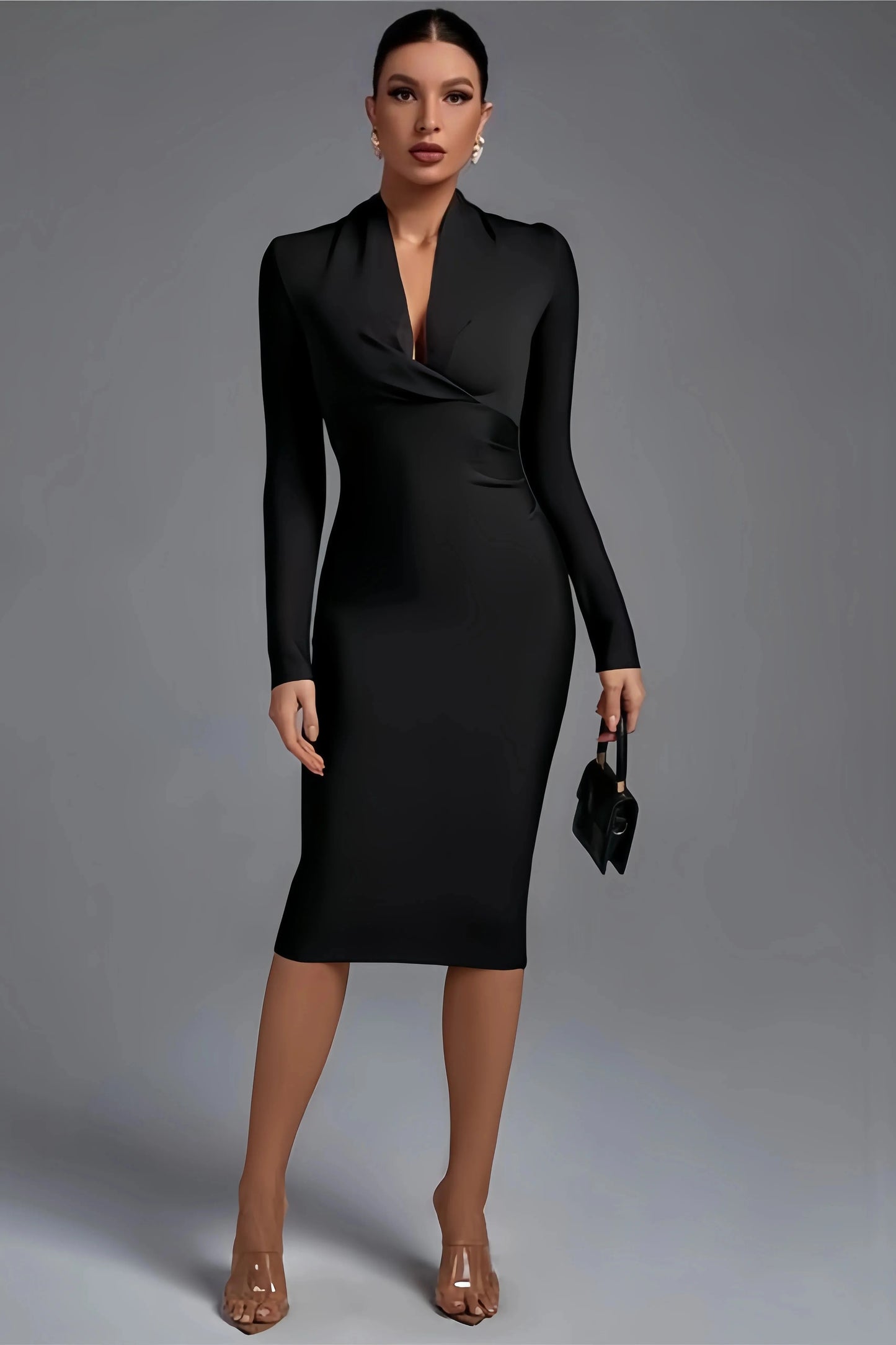 Robe Midi Portefeuille Noire pour Femme | Idéale pour les Réunions et les Sorties en Soirée