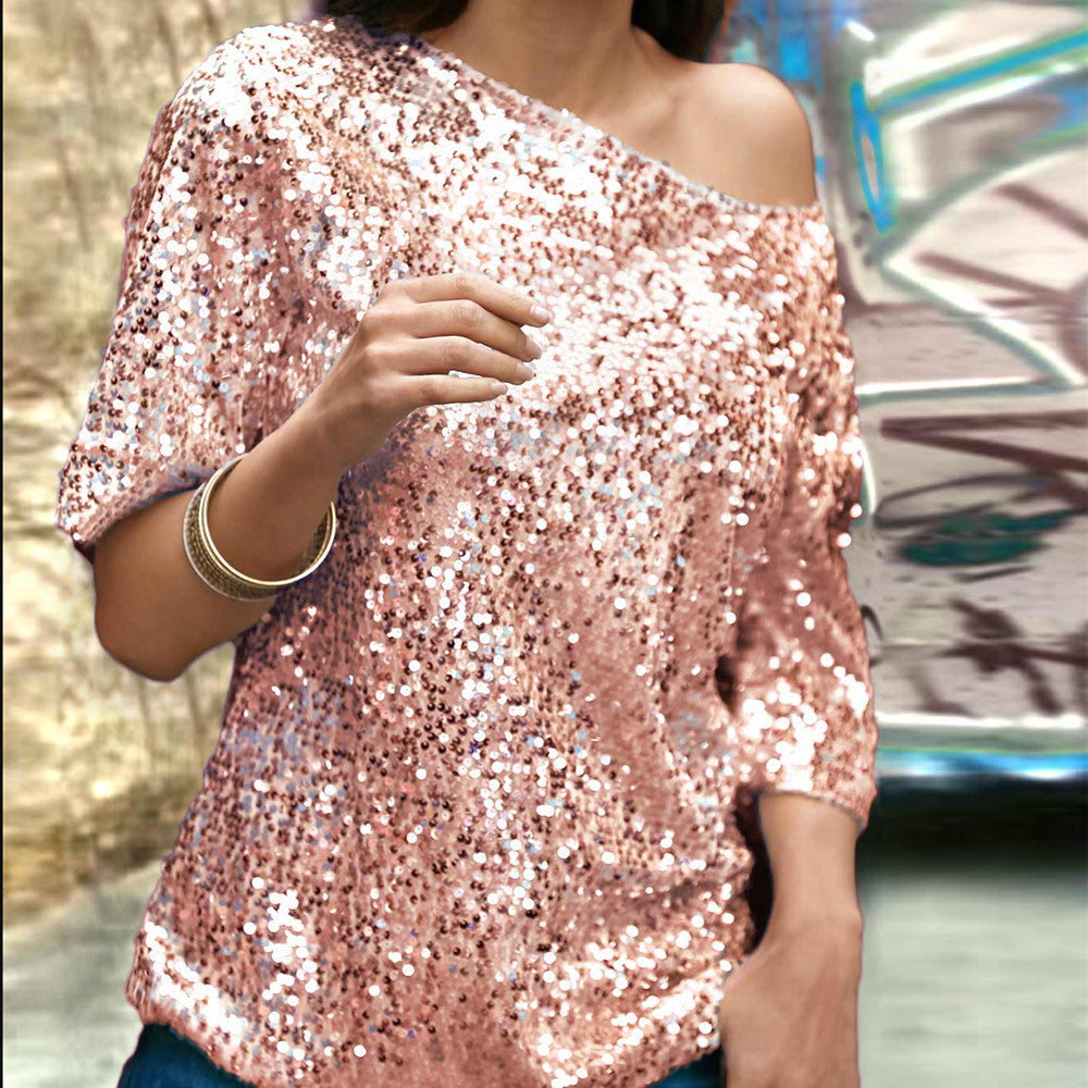 Top à Paillettes à Épaules Dénudées et Manches Mi-longues pour Femme | Idéal pour les Soirées et Occasions Festives