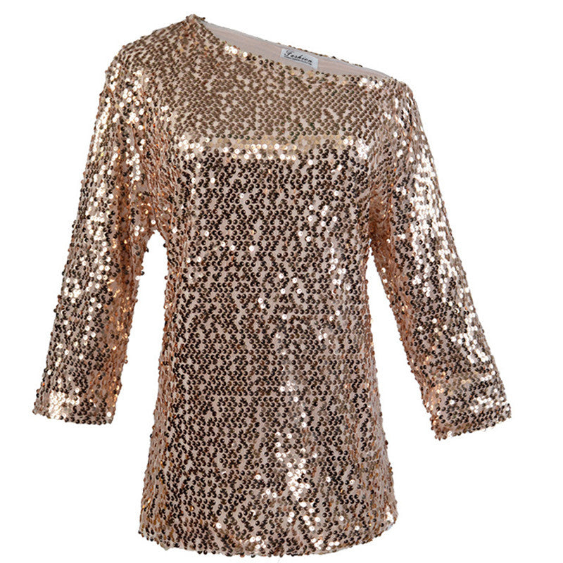 Top à Paillettes à Épaules Dénudées et Manches Mi-longues pour Femme | Idéal pour les Soirées et Occasions Festives