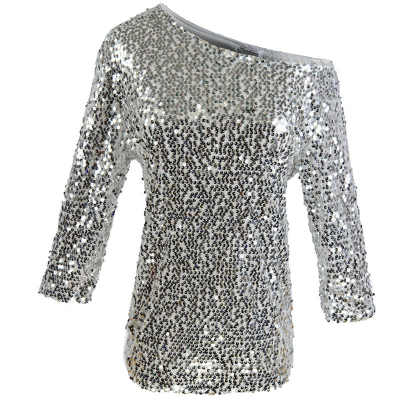 Top à Paillettes à Épaules Dénudées et Manches Mi-longues pour Femme | Idéal pour les Soirées et Occasions Festives