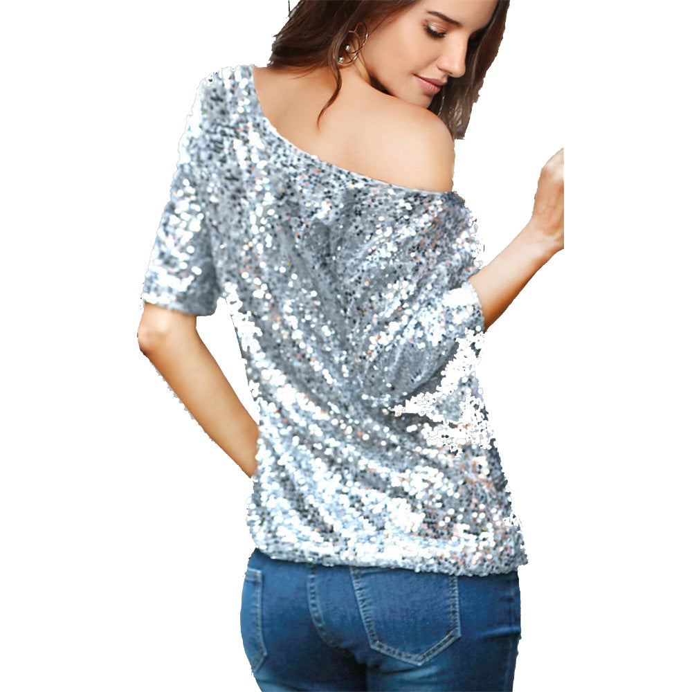 Top à Paillettes à Épaules Dénudées et Manches Mi-longues pour Femme | Idéal pour les Soirées et Occasions Festives