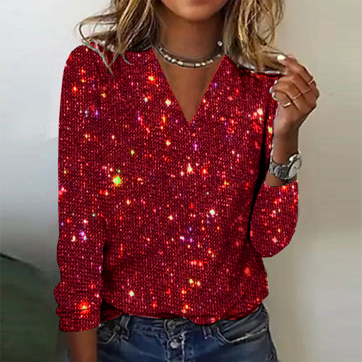 Blouse à Manches Longues avec Finition Scintillante et Encolure en V pour Femme | Idéale pour les Occasions Festives