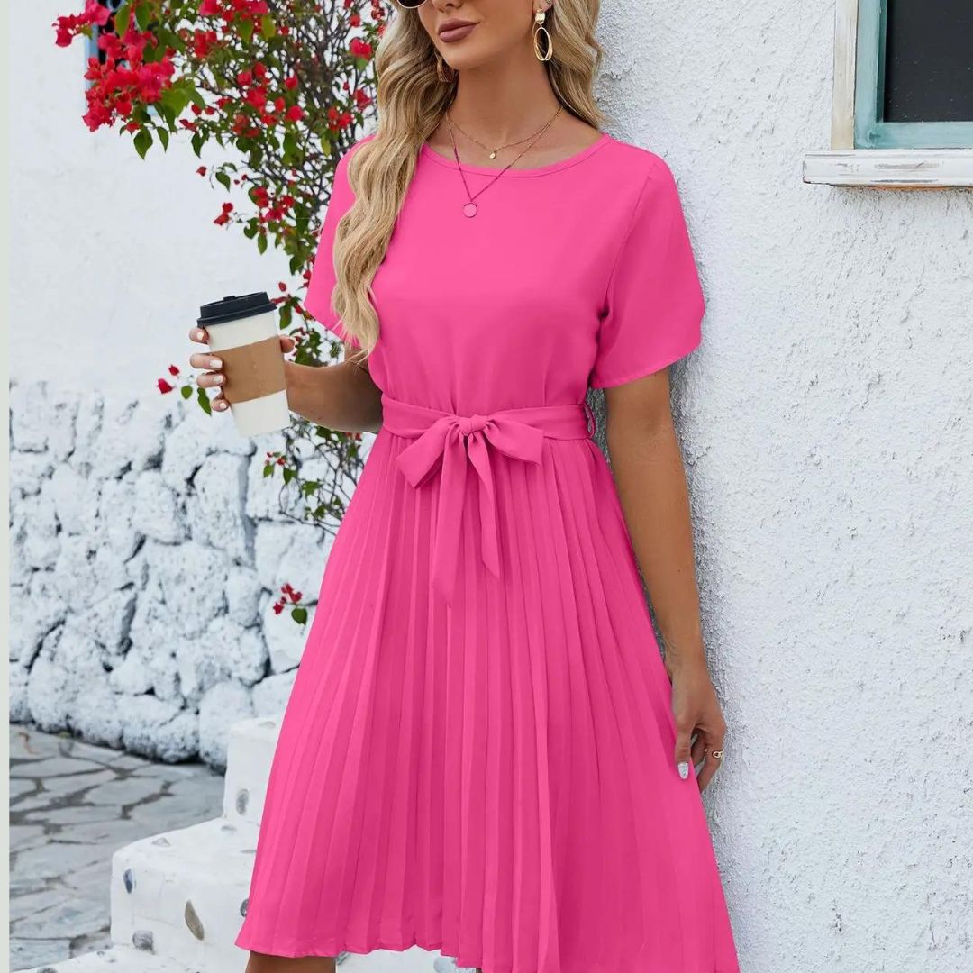 Robe Midi Plissée Avec Ceinture Ajustable Pour Femme | Idéale Pour Travail Et Événements