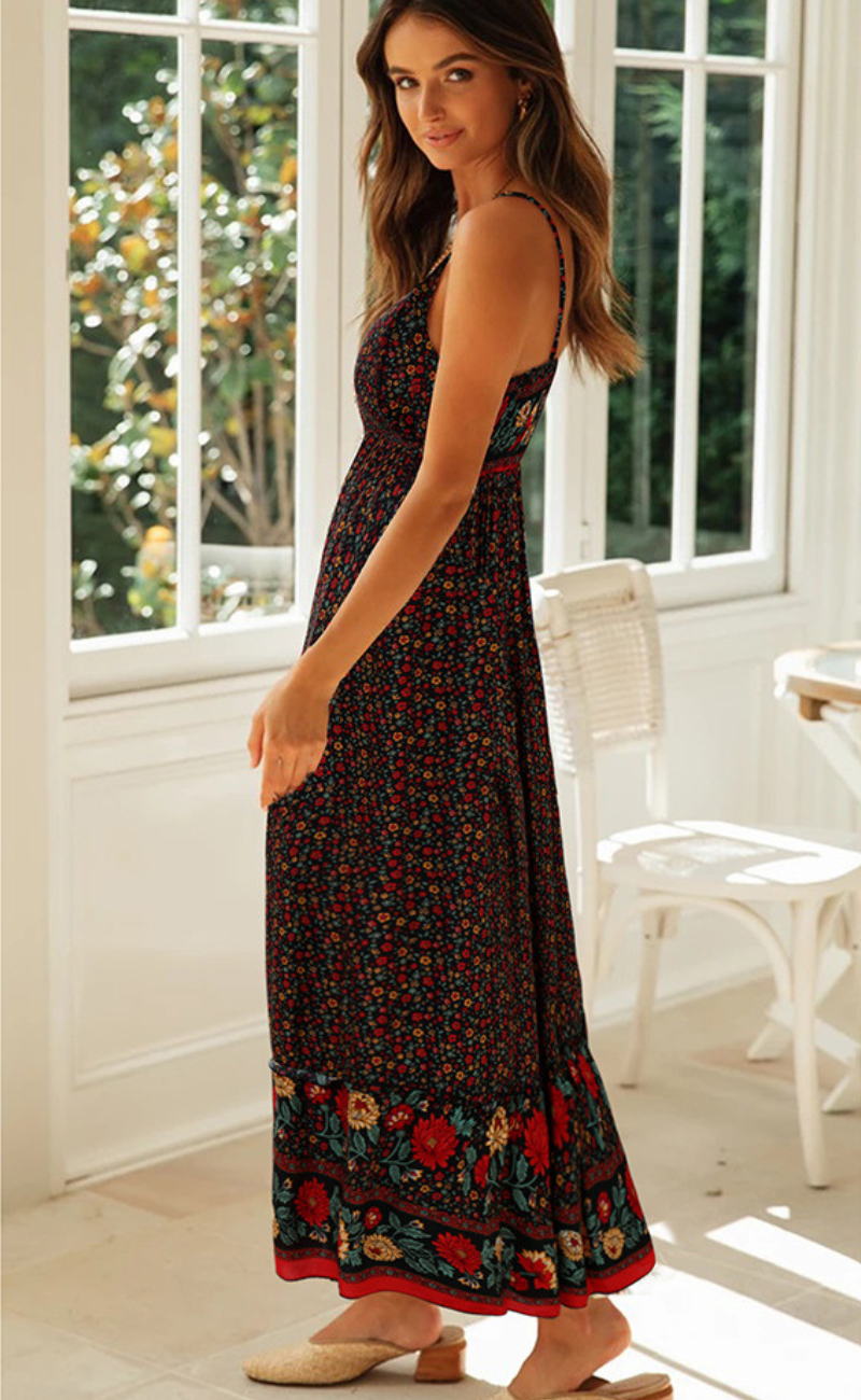 Robe Longue Bohème à Bretelles avec Dos Smocké pour Femme | Idéale pour les Sorties d’Été