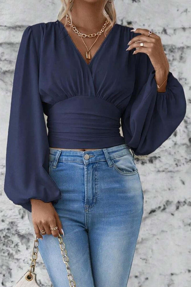 Blouse à Col en V avec Détail Froncé et Manches Ballon pour Femme | Idéale pour Bureau et Sorties