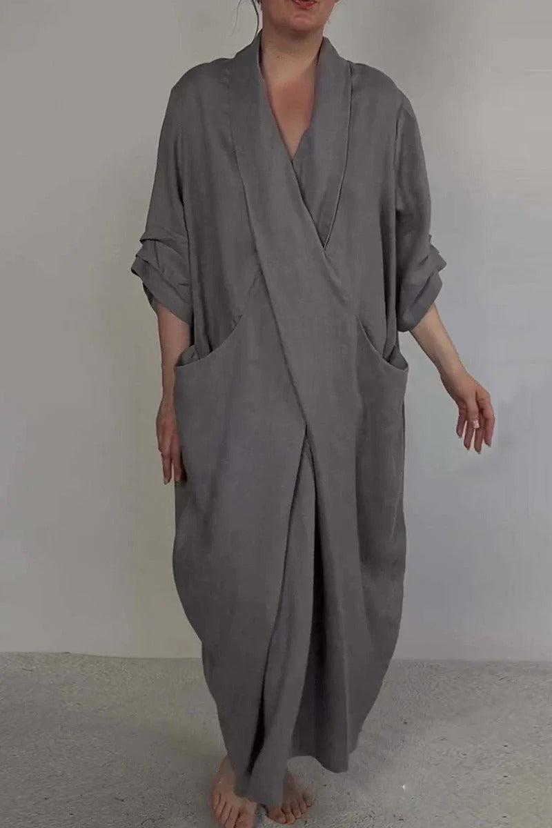 Robe Longue unie avec col en V et Poches pour Femme | Idéale pour un Usage Quotidien