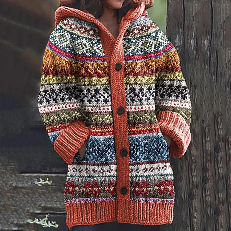 Gilet À Capuche avec Boutons Et Motif Multicolore pour Femme | Idéal pour L’Hiver