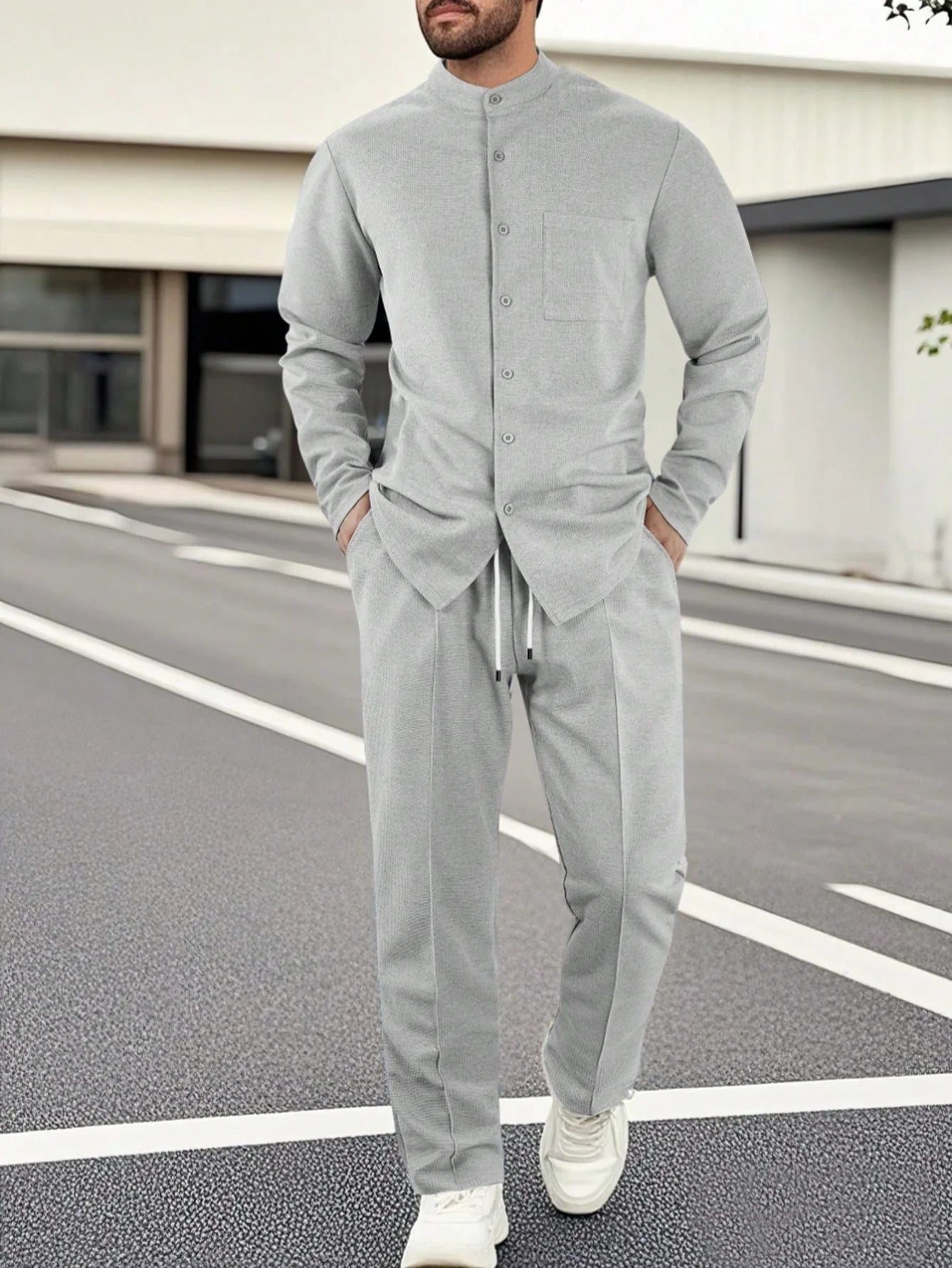 Ensemble avec Chemise À Col Montant Et Pantalon pour Homme | Idéal pour Toutes Les Saisons