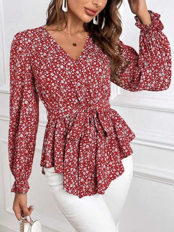 Blouse À Imprimé Fleuri Avec Col En V Et Manches Longues Pour Femme | Idéale Pour Les Tenues Quotidiennes Et Les Occasions