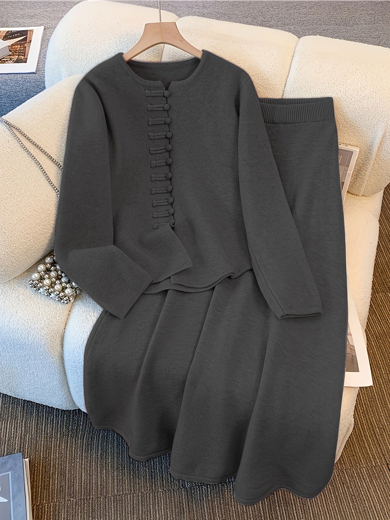 Ensemble Deux Pièces avec Cardigan à Manches Longues et Jupe Mi-Longue Taille Élastique pour Femme | Idéal pour Automne et Hiver