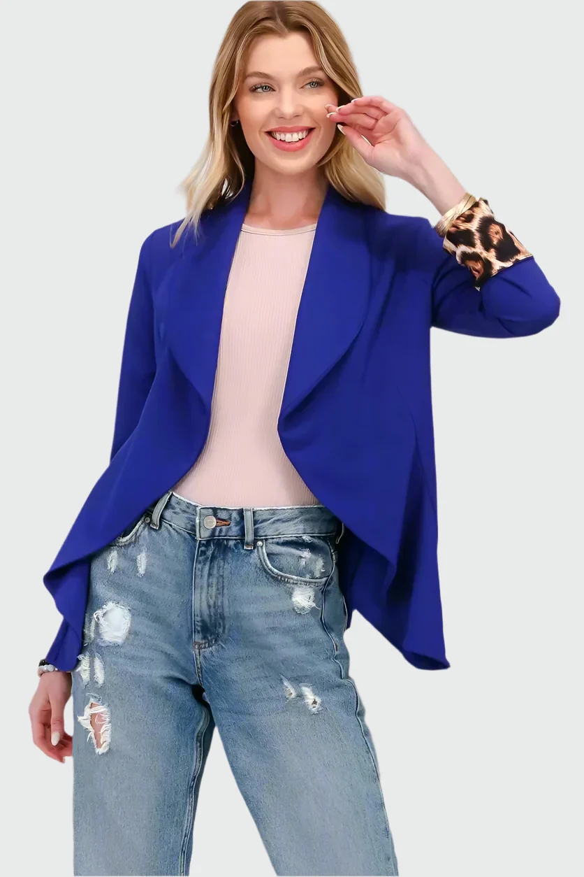 Blazer Léopard à Manches Relevées et Devant Ouvert pour Femme | Idéal pour Tenues Décontractées ou Festives