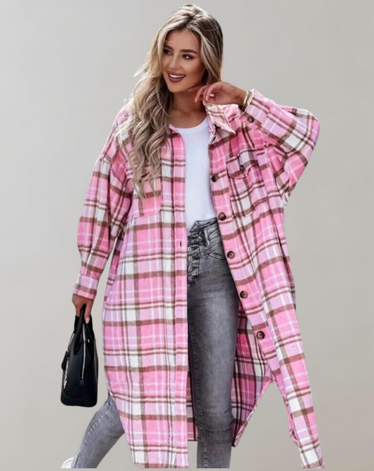 Manteau Long à Carreaux avec Boutons pour Femme | Idéal pour la Saison Automnale