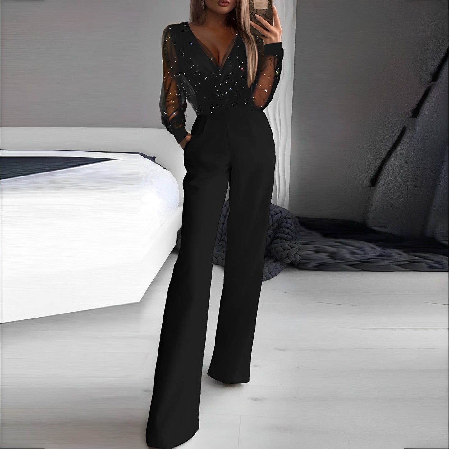 Combinaison À Col En V avec Taille Haute Et Jambes Larges pour Femme | Idéale pour Le Quotidien Et Les Événements