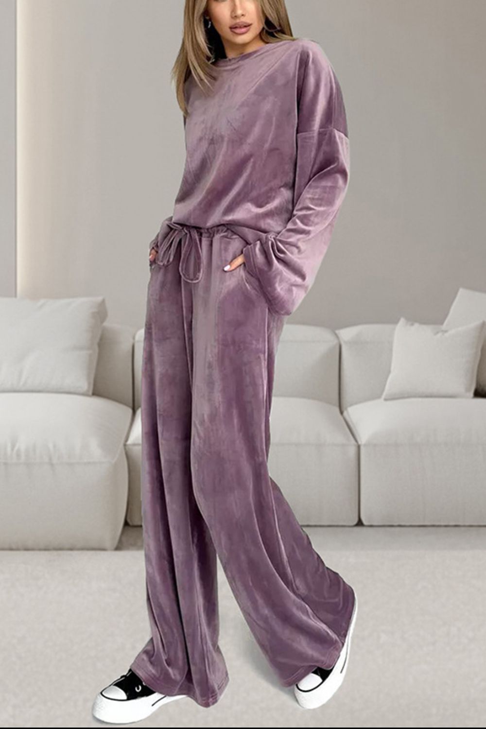 Ensemble Deux Pièces avec Haut à Manches Longues Col Rond et Pantalon à Cordon pour Femme | Idéal pour un Usage Quotidien