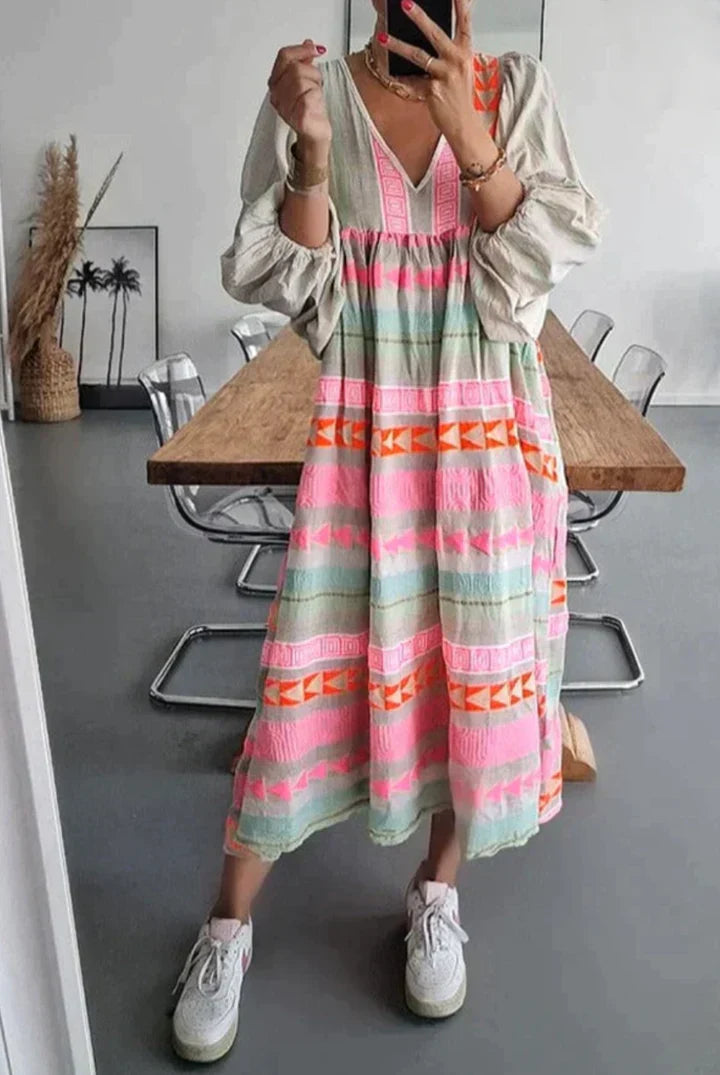 Robe Longue à Motifs Géométriques Multicolores pour Femme | Idéale pour les Occasions d'Été
