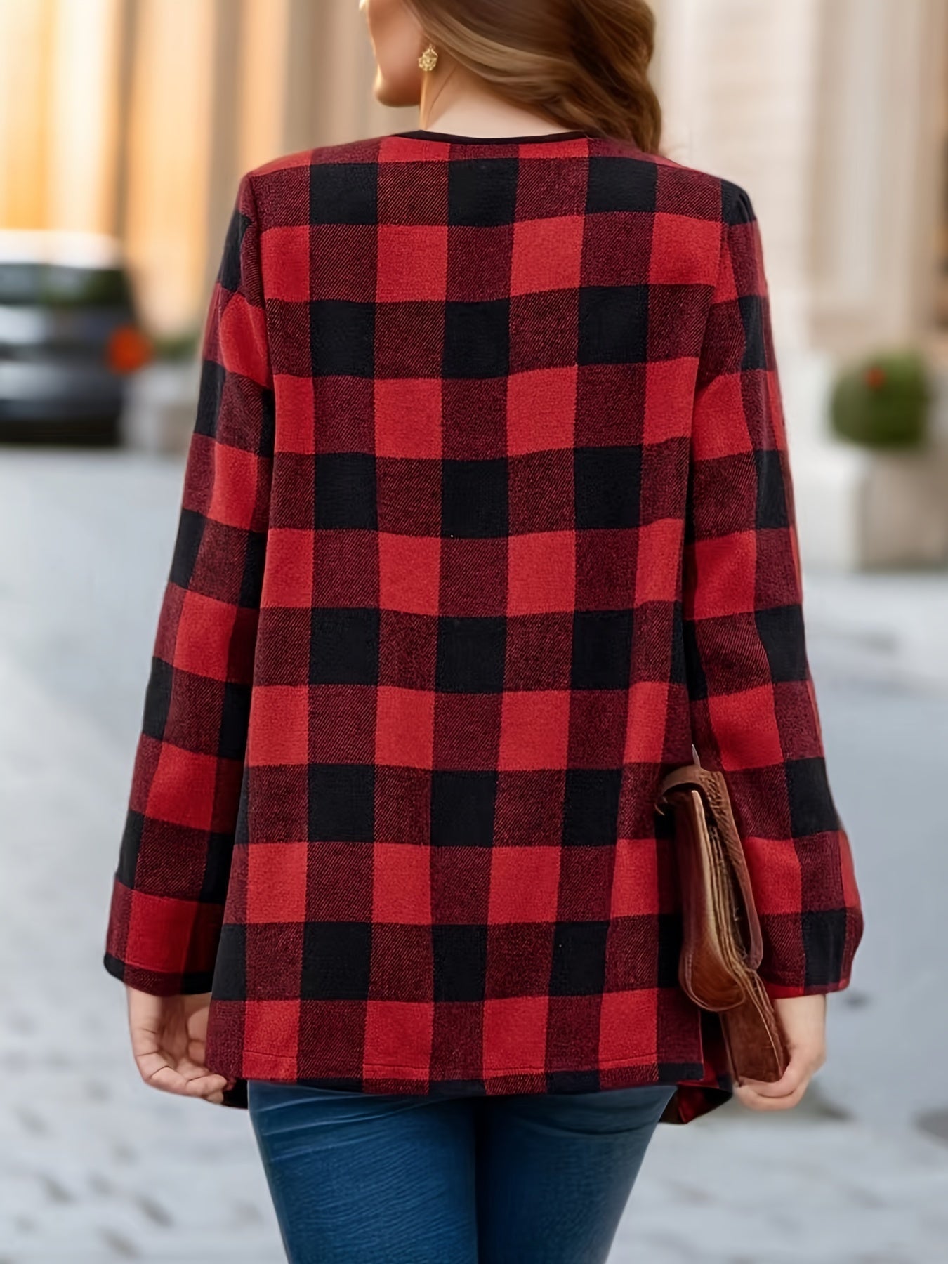 Manteau Long à Motif Carreaux avec Coupe Ouverte pour Femme | Idéal pour la Mi-Saison