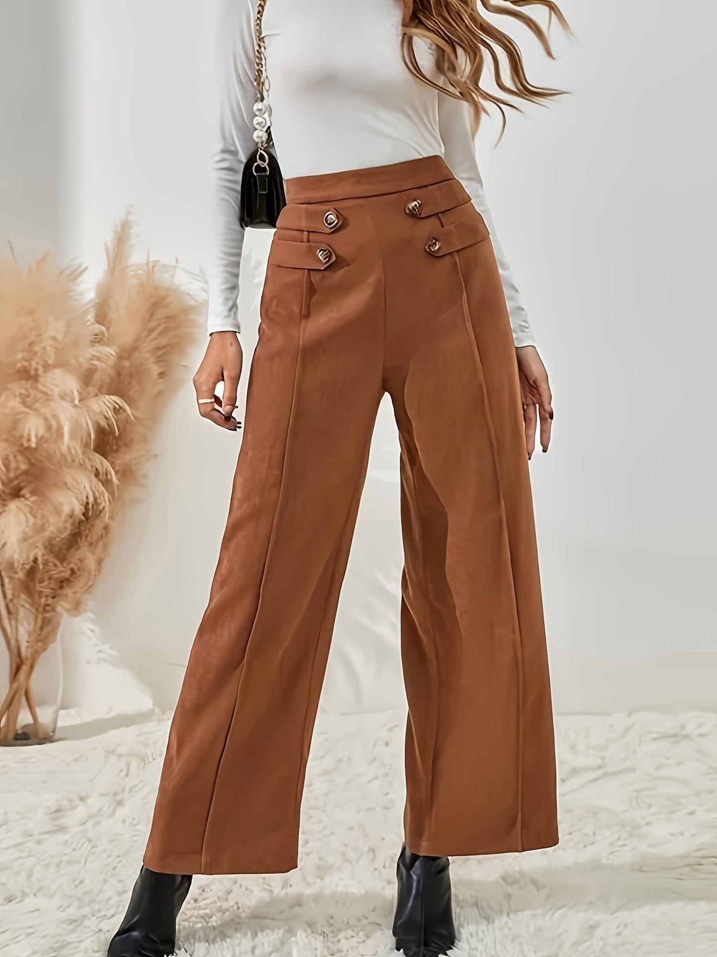 Pantalon Taille Haute à Jambe Large avec Boutons Décoratifs pour Femme | Idéal pour le Printemps et l’Automne