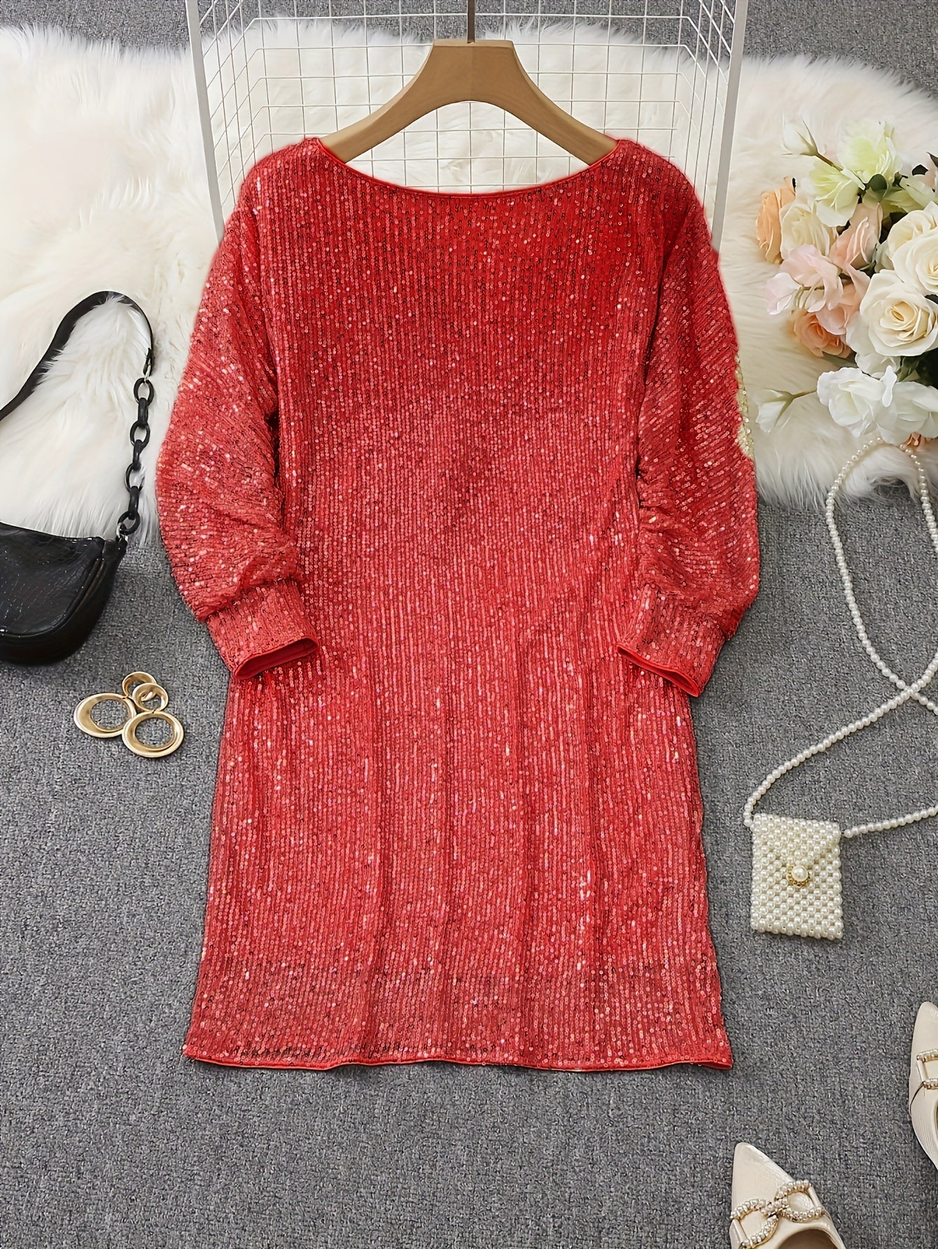 Robe De Soirée À Sequins Contrastés avec Col En V Et Manches Longues pour Femme | Idéale pour Les Événements Formels