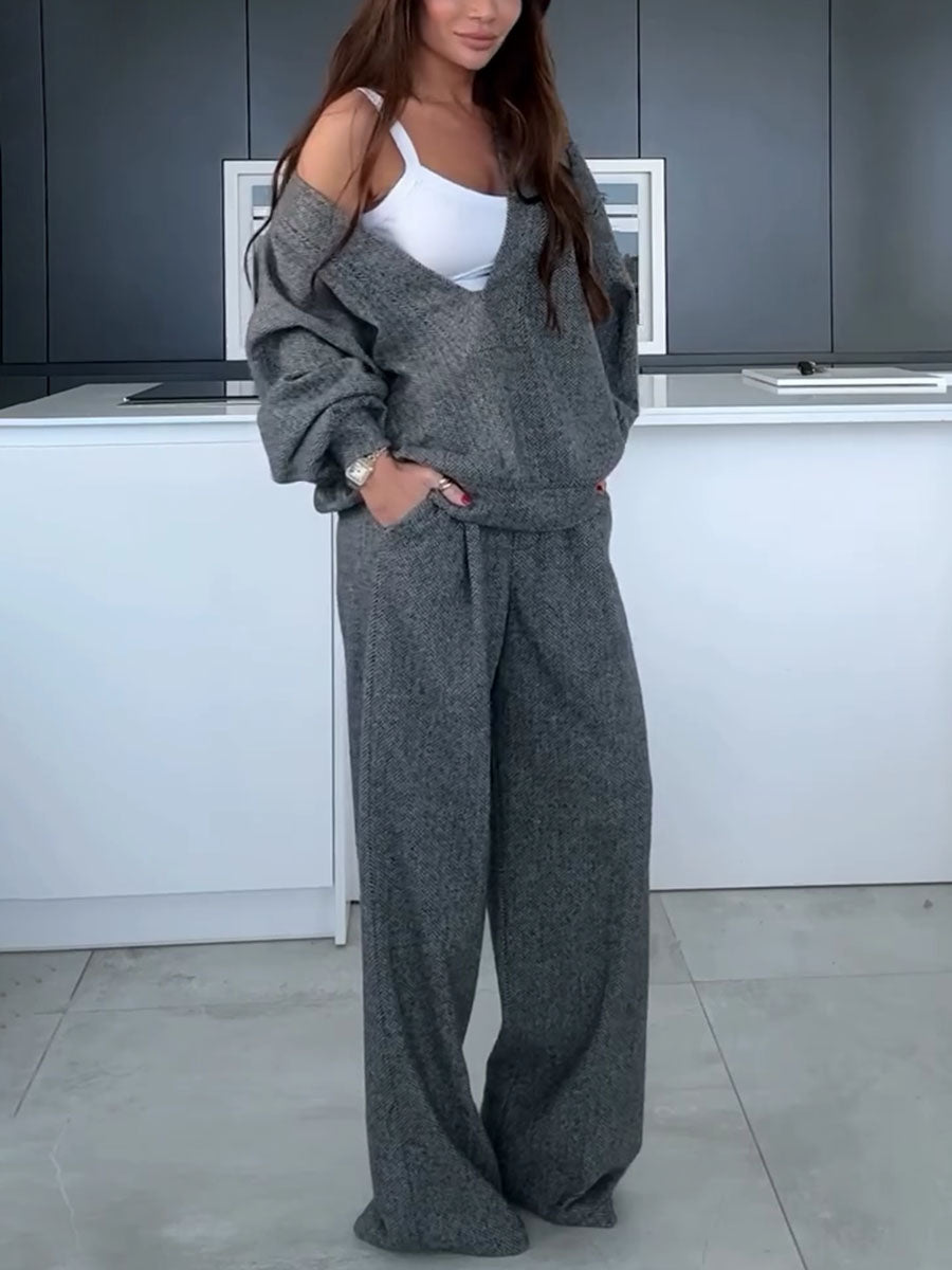 Ensemble Deux Pièces avec Haut Col V Et Pantalon À Pinces pour Femme | Idéal pour Le Bureau Et La Maison