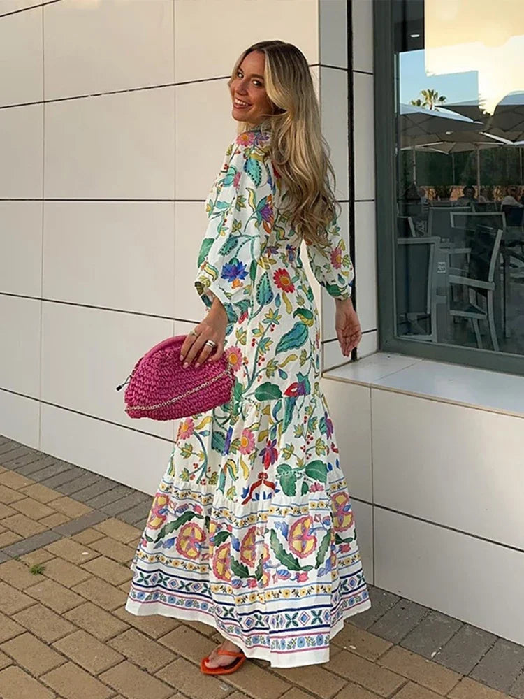 Robe Longue à Motif Floral avec Manches Bouffantes pour Femmes | Idéale pour les Journées en Extérieur