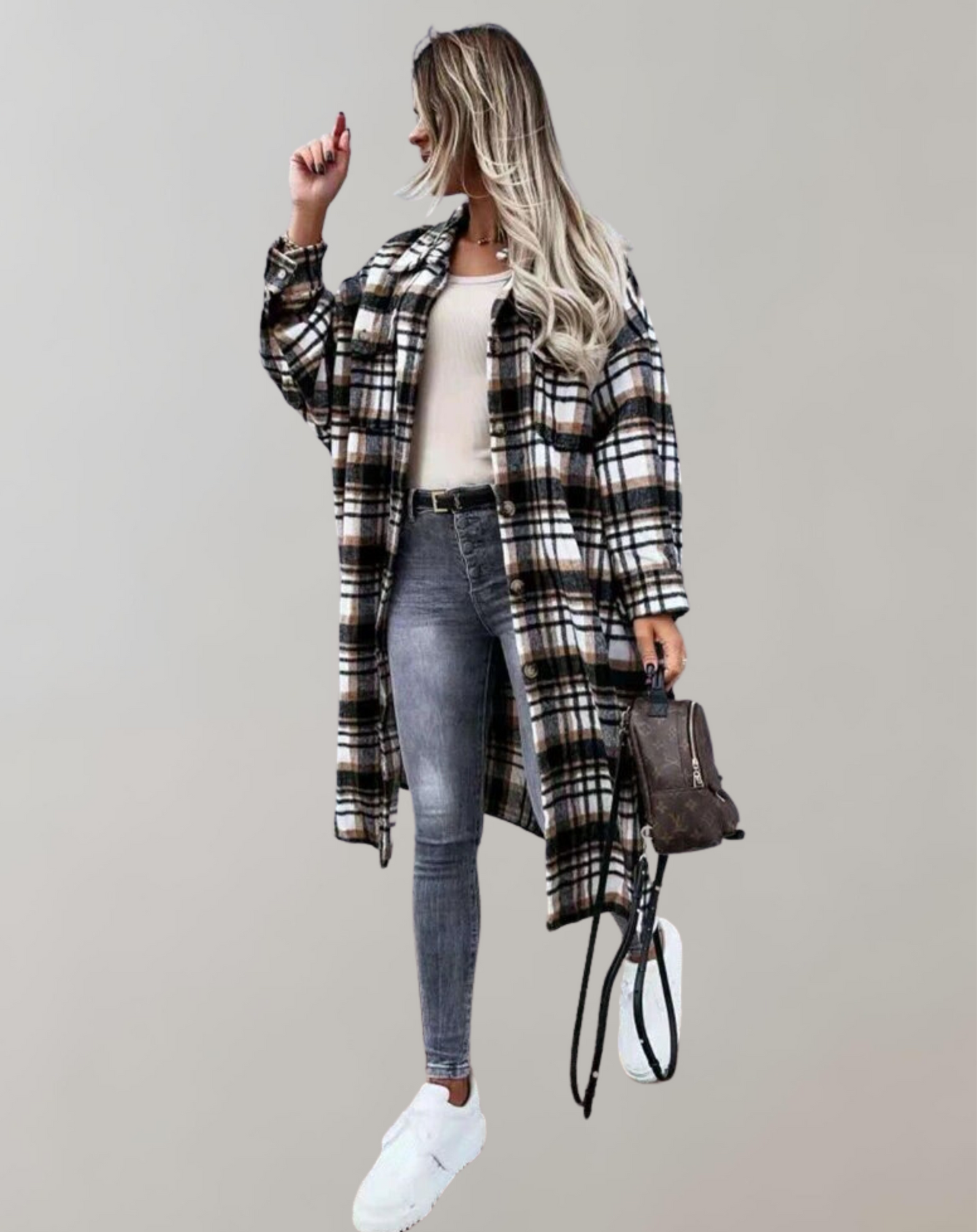 Manteau Long à Carreaux avec Boutons pour Femme | Idéal pour la Saison Automnale
