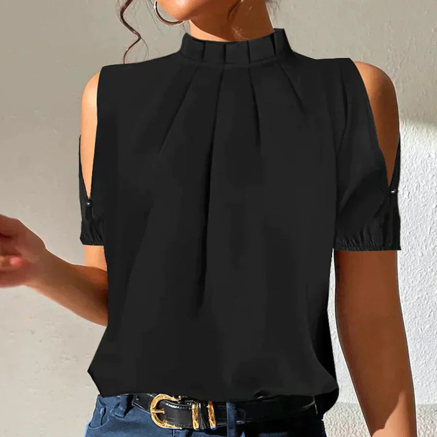 Blouse à Épaules Découpées avec Col Plissé pour Femme | Idéal pour les Tenues Quotidiennes