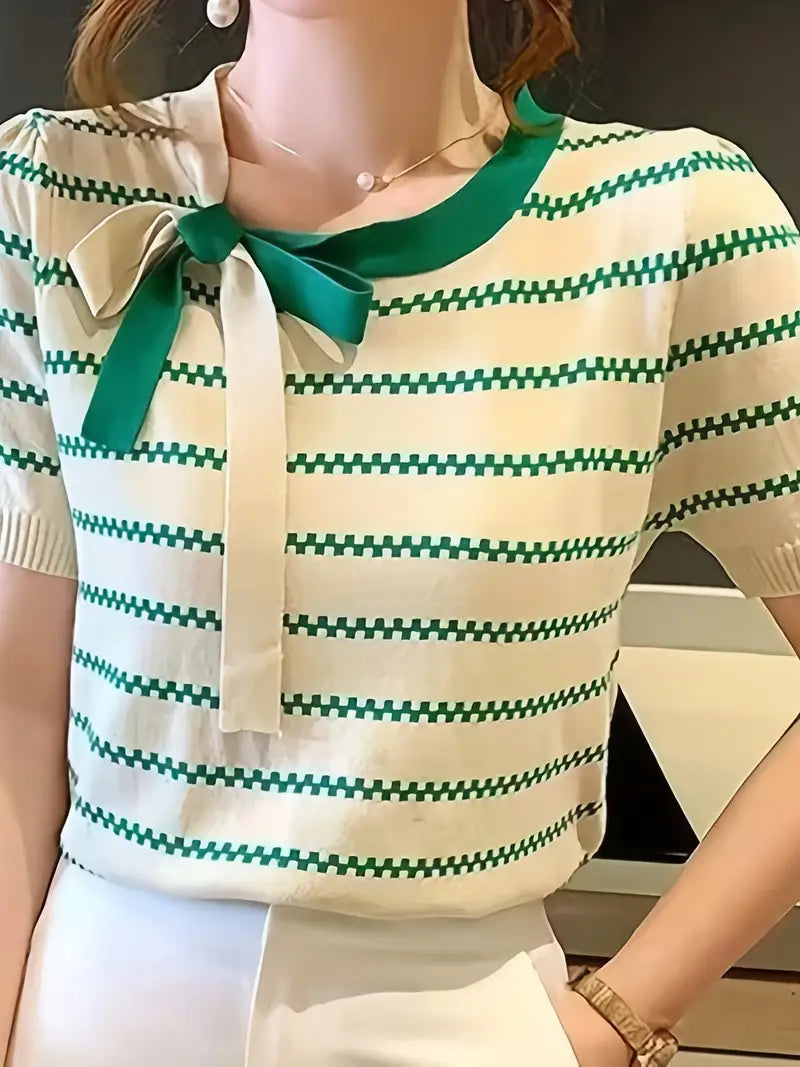Haut À Col Polo Avec Encolure À Nouer Et Motif Rayé Pour Femme | Idéal Pour Usage Quotidien Et Loisirs