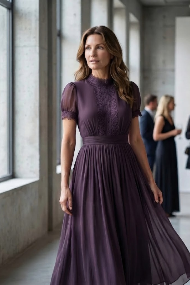 Robe maxi à col montant et taille froncée pour femmes