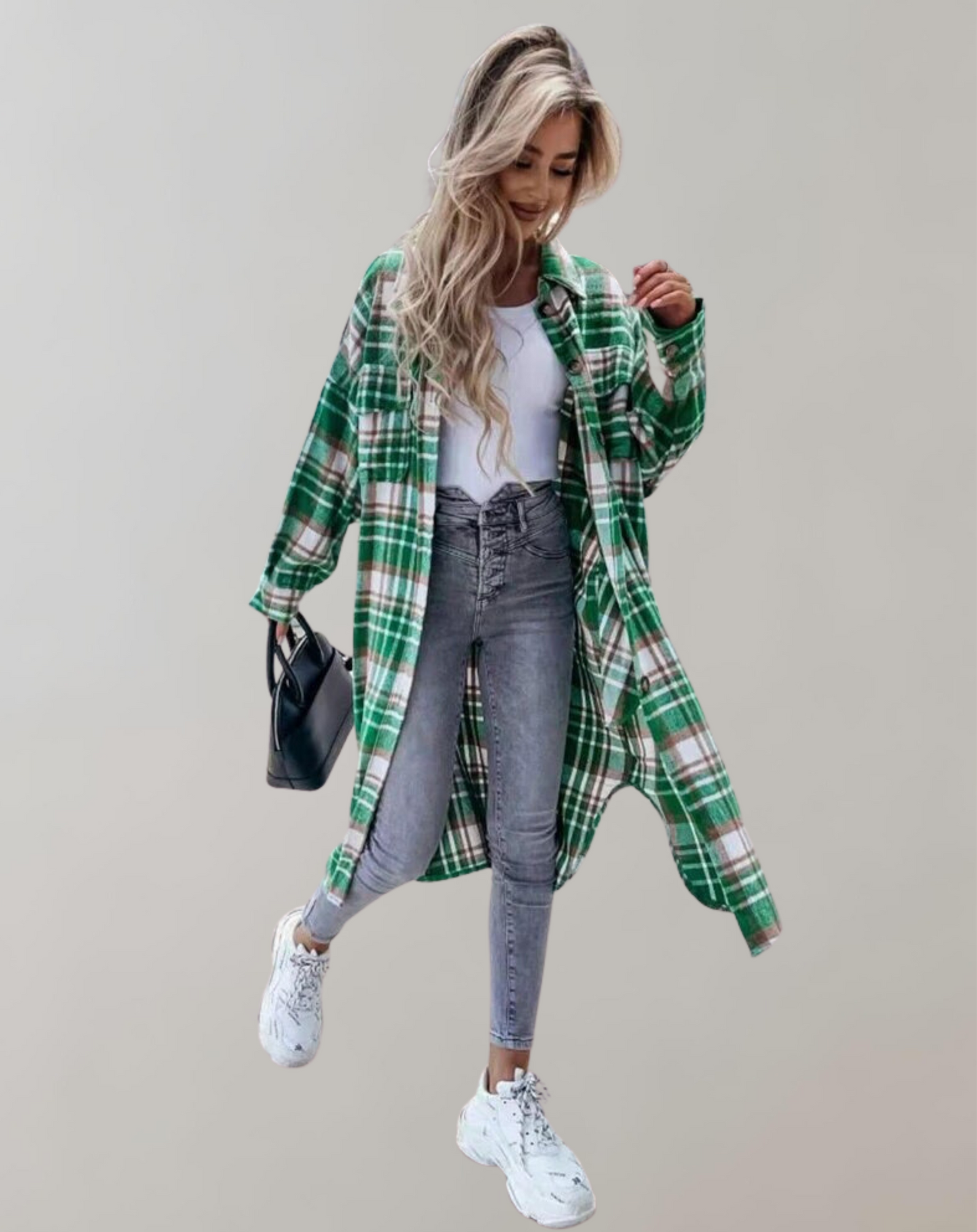 Manteau Long à Carreaux avec Boutons pour Femme | Idéal pour la Saison Automnale