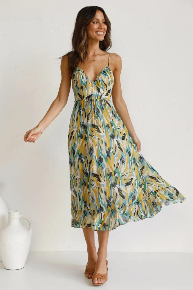 Robe Mi-Longue à Col V avec Coupe Évasée pour Femme | Idéale pour Été