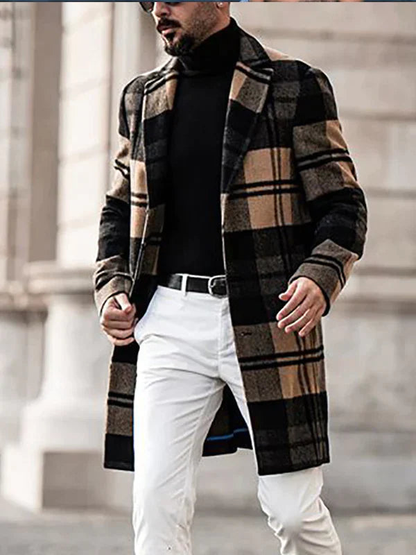 Manteau d’Hiver Mi-Long à Carreaux avec Manches Longues pour Hommes | Idéal pour les Journées Froides