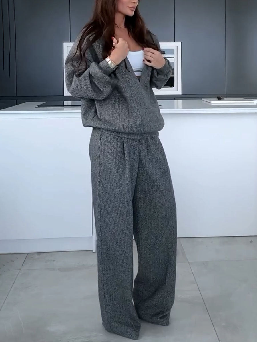 Ensemble Deux Pièces avec Haut Col V Et Pantalon À Pinces pour Femme | Idéal pour Le Bureau Et La Maison