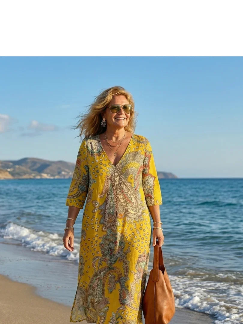 Robe midi à imprimé cachemire et col en V pour femmes | Idéal pour l’été et les vacances