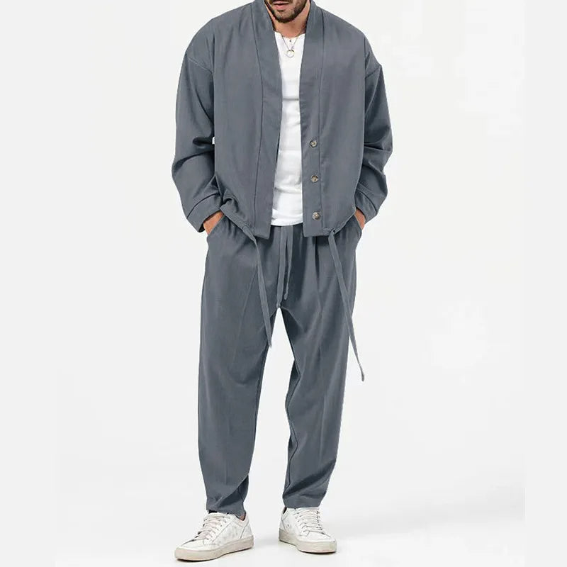 Ensemble Deux Pièces pour Homme avec Haut Boutonné et Pantalon à Taille Élastique | Idéal pour la Mi-Saison