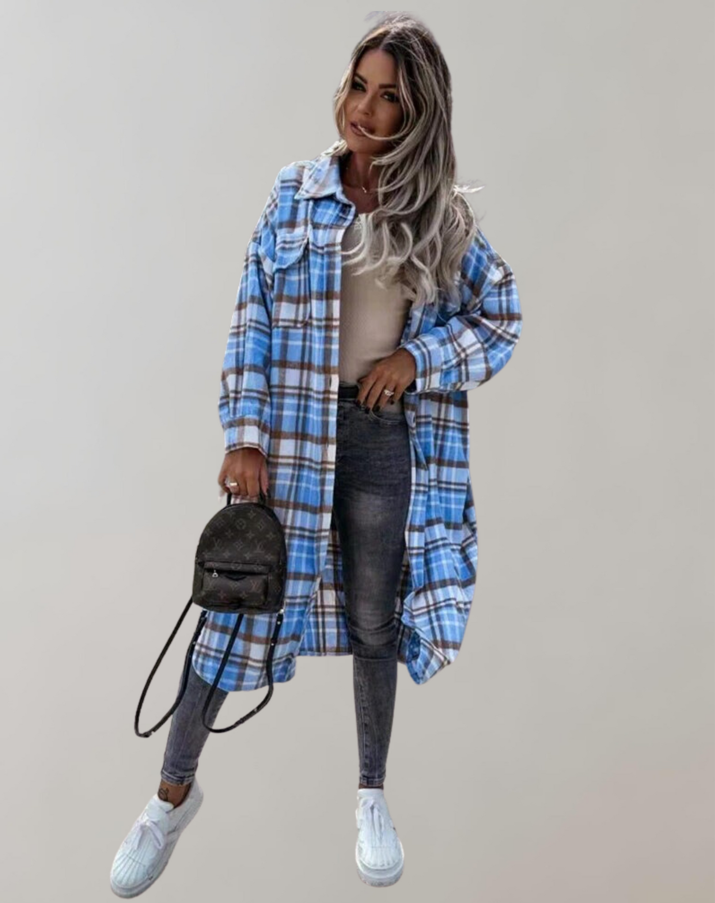 Manteau Long à Carreaux avec Boutons pour Femme | Idéal pour la Saison Automnale