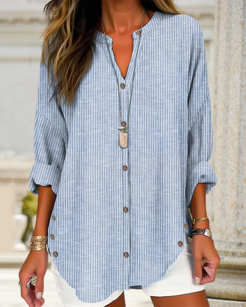 Chemise Longue à Rayures avec Boutons Latéraux pour Femme | Idéale pour un Usage Quotidien