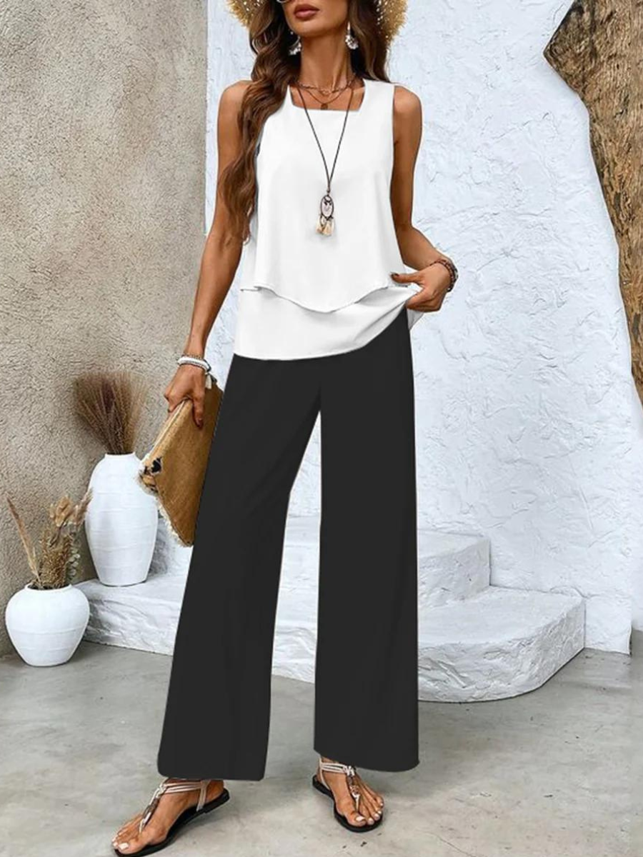 Ensemble Deux Pièces avec Haut à Ourlet Asymétrique et Pantalon Large pour Femme | Idéal pour l’Été