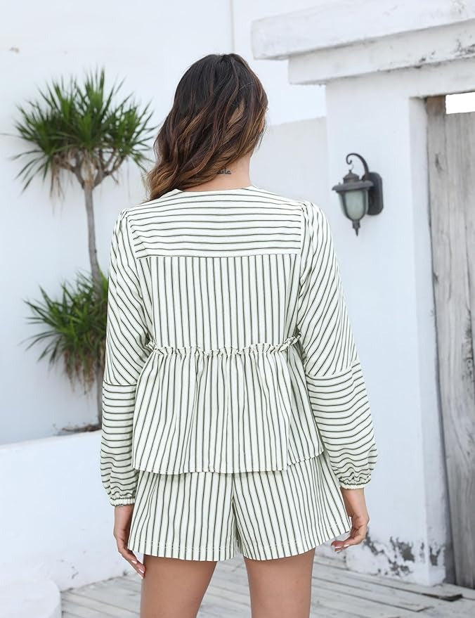 Ensemble Haut à Manches Longues et Short Taille Haute à Rayures pour Femme | Idéal pour l'Été