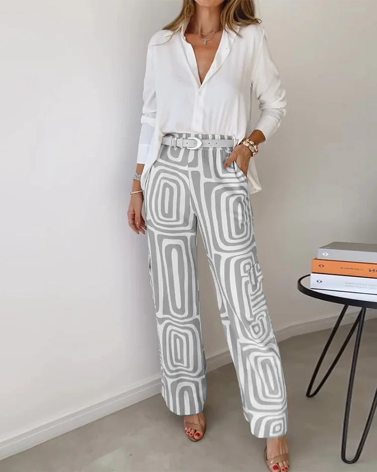 Pantalon Imprimé à Taille Haute avec Ceinture Intégrée pour Femme | Idéal pour Tenues de Bureau