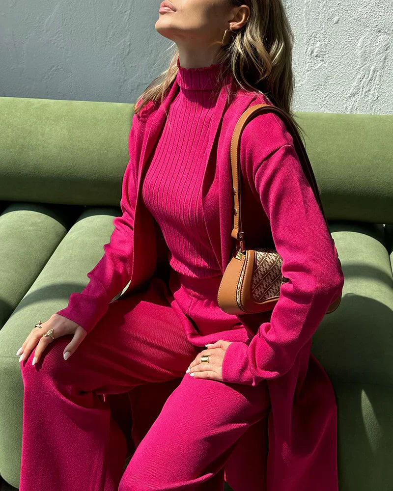 Ensemble Trois Pièces avec Top, Pantalon et Long Manteau pour Femmes | Idéal pour le Travail et les Occasions Formelles