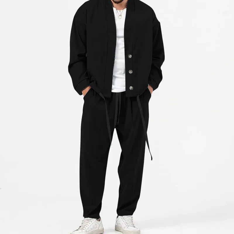 Ensemble Deux Pièces pour Homme avec Haut Boutonné et Pantalon à Taille Élastique | Idéal pour la Mi-Saison
