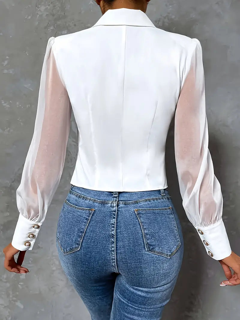 Chemisier Avec Col Pointu Et Manches Semi-Transparentes Pour Femmes | Idéal Pour Le Travail Et Les Événements