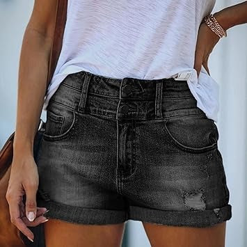 Shorts en Jean avec Taille Haute et Ourlet Replié pour Femme | Idéaux pour l’Été et les Sorties Décontractées