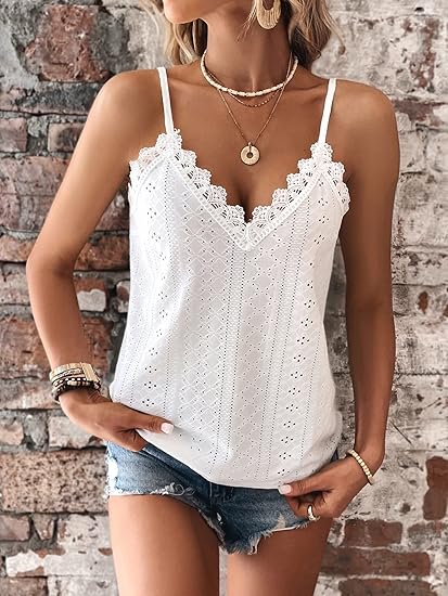 Top Sans Manches à Encolure en V avec Détail en Dentelle pour Femme | Idéal pour l'Été