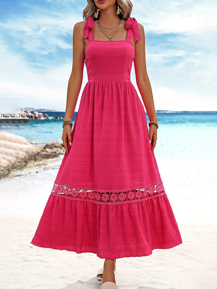 Robe Longue Rouge avec Détails en Dentelle et Nœuds pour Femmes | Idéale pour les Occasions Spéciales