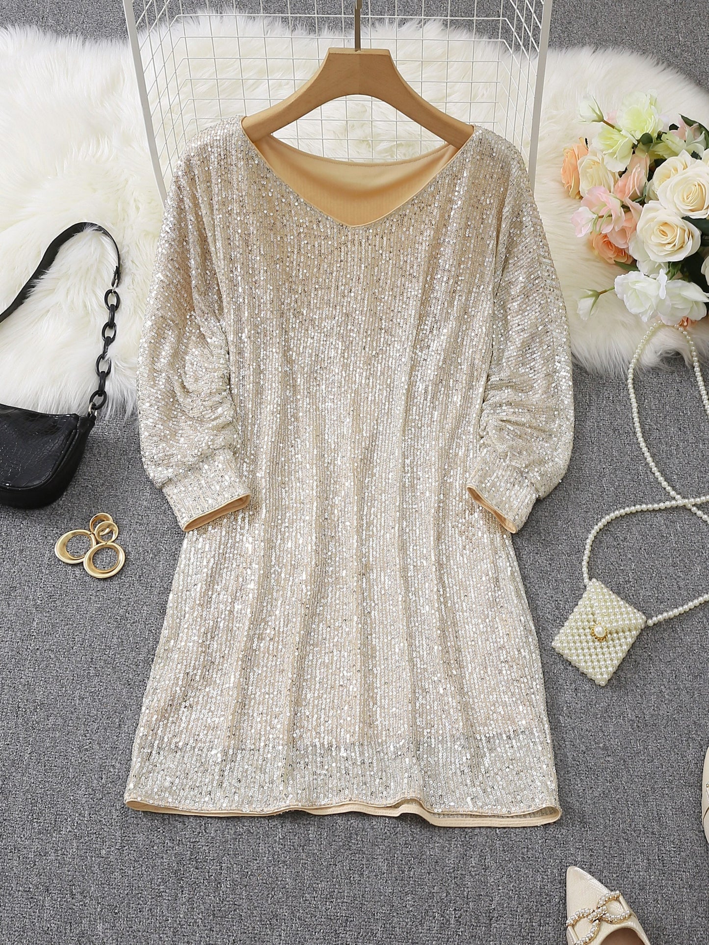 Robe De Soirée À Sequins Contrastés avec Col En V Et Manches Longues pour Femme | Idéale pour Les Événements Formels