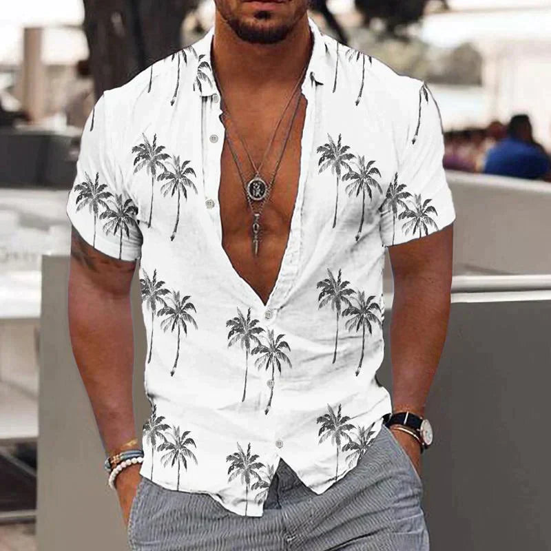 Chemise à Manches Courtes avec Motif Palmier et Fermeture Boutonnée pour Homme | Idéale pour l'Été