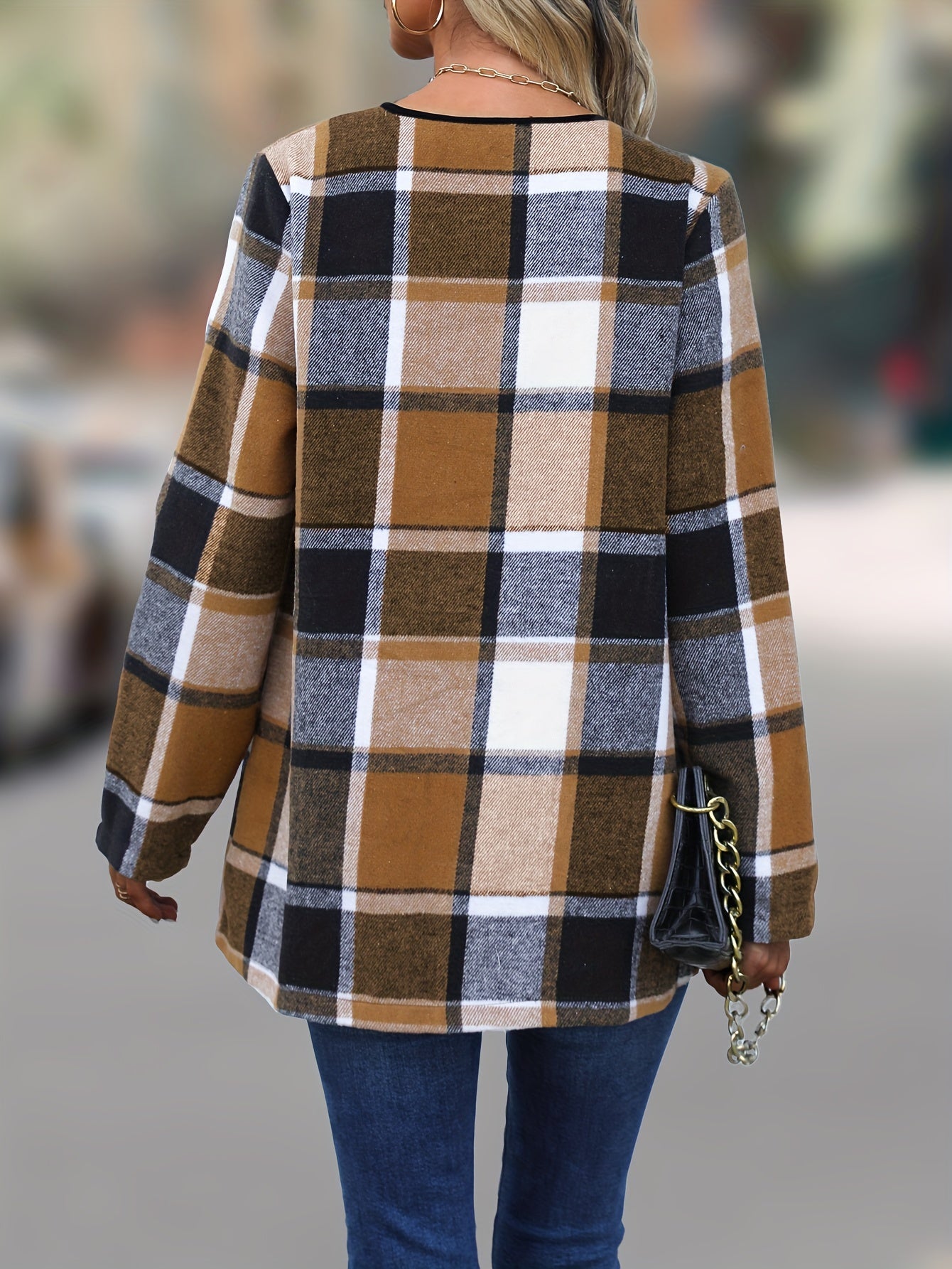 Manteau Long à Motif Carreaux avec Coupe Ouverte pour Femme | Idéal pour la Mi-Saison